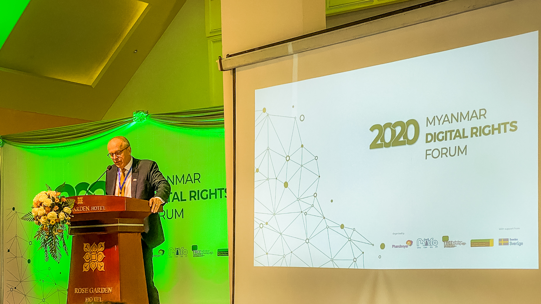 Ambassador of Sweden to Thailand, Myanmar, and Laos PDR Staffan Herrstrom shares in his keynote speech that he is excited to listen and learn more about digital rights in the region at the fourth Myanmar Digital Rights Forum in Yangon.